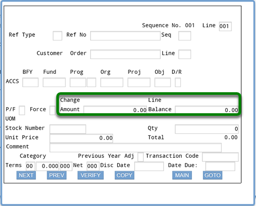 Screenshot of ifmis obligation accs screen with rectangle around change amount and line balance fields with default 0.00 entries