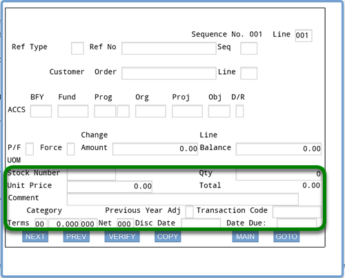 Screenshot of ifmis obligation accs screen with rectangle around remaining fields identified in text; fields are blank other than default 0.00 entry for unit price and total and 0 for qty