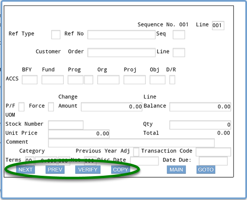 Screenshot of IFMIS ACCS screen with a circle around the NEXT, PREV, VERIFY, and COPY buttons at the bottom of the ACCS screen as they are selected to add multiple ACCS lines