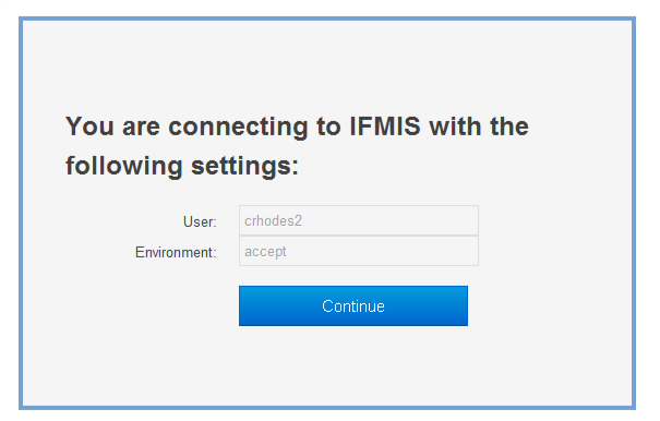 Screenshot of the IFMIS login screen with username and environment fields