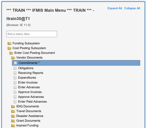 IFMIS main menu listings in order to complete a commitment transaction: Cost Posting Subsystem, Enter Cost Posting Document, Vendor Documents, and Commitments