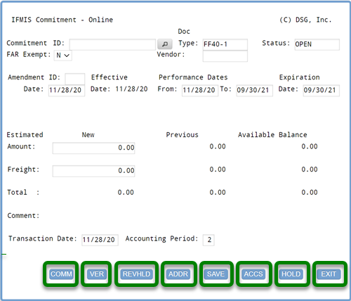 Screenshot of IFMIS main commitment screen with squares around the buttons at the bottom of the screen