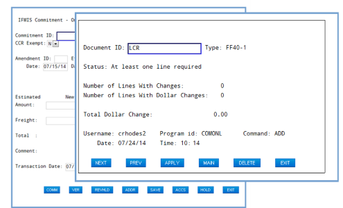 Commitment header screen and review hold screen open with open field for document ID