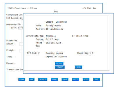 Commitment screen with vendor data screen open in front; shows no vendor details to display message, blank vendor data fields, and payee, vendor, and main buttons at the bottom