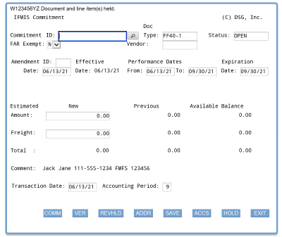 Screenshot of ifmis commitment with line item(s) held message in top left corner of screen; message includes document number