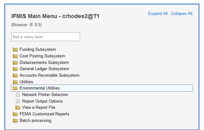 Screenshot of IFMIS main menu with Environmental Utilities selected