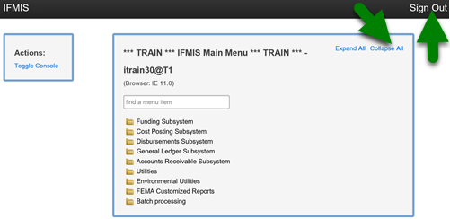 Screenshot of IFMIS menu with arrows indicating where to click Collapse All and Signout