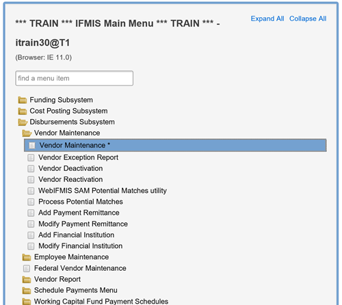 IFMIS path to the Vendor Maintenance Area: Disbursements Subsystem, Vendor Maintenance folder, and Vendor Maintenance record