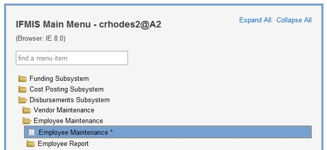 Screenshot of IFMIS Main Menu with Employee Maintenance highlighted