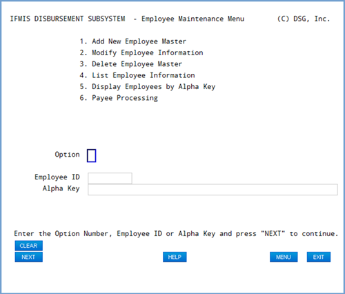 Employee Maintenance Menu screenshot showing: 1. add new employee master 2. modify employee information 3. delete employee master 4. list employee information 5. display employees by alpha key 6.payee processing