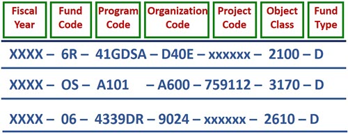 Chart of three accs line codes with squares around column headers