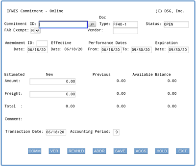 Screenshot of IFMIS main commitment screen; cursor is in the first field where the Commitment ID is entered