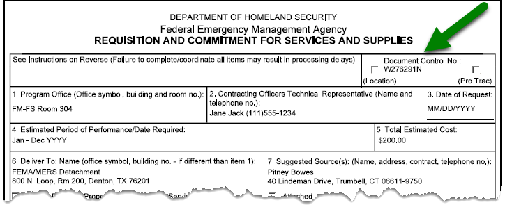 First third of a sample form FF 146-0-2 with arrow pointing to the Document Control No. field to indicate which number to enter as the Commitment ID in IFMIS