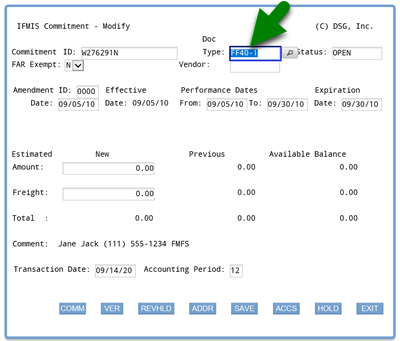 Commitment main screen with arrow pointing to Doc Type field and default entry of FF 40-1