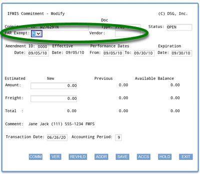 Commitment main screen with FAR Exempt and Vendor fields circled; FAR Exempt field shows default N entry and Vendor field is blank