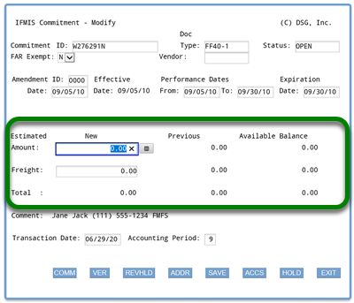 Commitment main screen with Estimated Amount, Freight, and Total lines circled; New, Previous, and Available Balance columns for each line show default 0.00