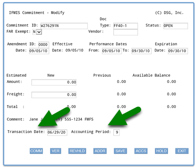 Screenshot of IFMIS main commitment screen with arrows pointing to Transaction date and Accounting Period fields; transaction date shows default (date commitment entered); accounting period populated by IFMIS