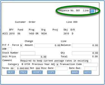 Screenshot of the ACCS screen with circle around Sequence No., system-generated starting at 001, and Line field, starting at 001 and can be modified