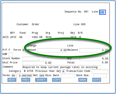 Screenshot of IFMIS ACCS screen with circle around Change Amount and Line Balance fields; both entries show the default amount 0.00; these amounts are the same; an amount can be entered in either field; IFMIS will generate the other field with the same amount once you tab to the next field