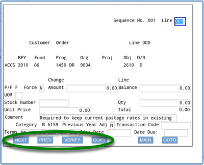 Screenshot of IFMIS ACCS screen with a circle around the NEXT, PREV, VERIFY, and COPY buttons at the bottom of the ACCS screen as they are selected to add multiple ACCS lines