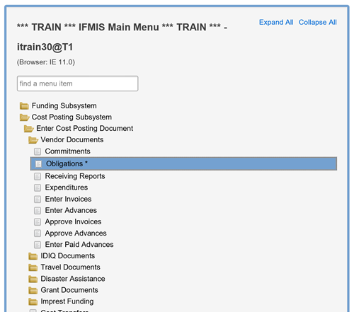 Screenshot of IFMIS Main Menu with the path to obligations: Cost posting subsystem>Enter Cost Posting Document>Vendor Documents>Obligations