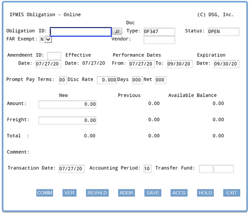 Screenshot of main obligation screen; fields are blank or contain default entries; cursor is at the first entry field - Obligation ID