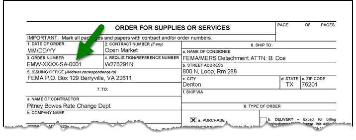 Upper portion of Form OF347 with arrow pointing to box identified as 3. Order Number; entry EMW-XXXX-SA-0001 is used as Obligation ID in IFMIS