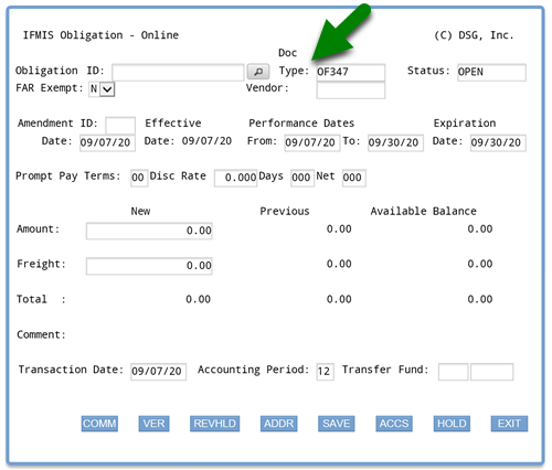 Screenshot of ifmis main obligation screen with arrow pointing to doc type field; default entry OF347 shown