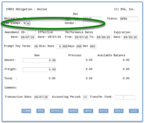 Screenshot of ifmis obligation main screen with circle around FAR Exempt and Vendor fields; FAR Exempt filed shows default entry N