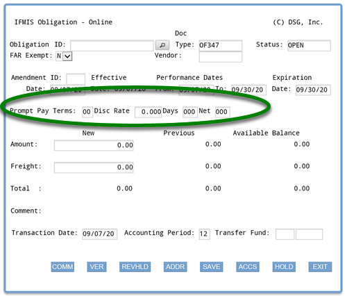 Screenshot of ifmis obligation main screen with circle around the following fields and default entries: prompt pay terms 00, disc rate 0.000, days 000, and net 000