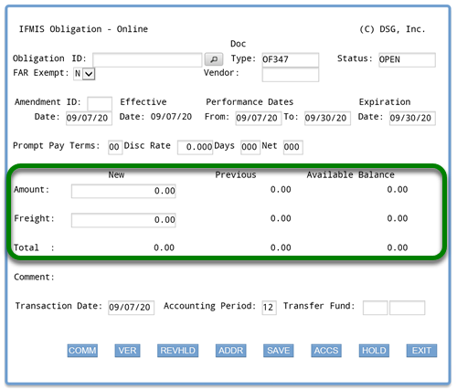 Screenshot of ifmis obligation main screen with rectangle around the amount, freight, and total lines with new, previous and available balance fields showing default 0.00