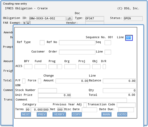 Screenshot of ifmis obligation ACCS screen; fields contain the default entries or are blank; cursor is at the first entry field - Line with default entry 001