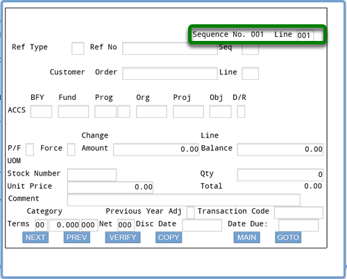 Screenshot of ifmis obligation accs screen with rectangle around sequence and line fields; default entries for each field is 001