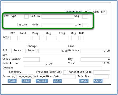 Screenshot of ifmis obligation accs screen with rectangle around ref type, ref no, seq, customer order, and line fields that are blank by default