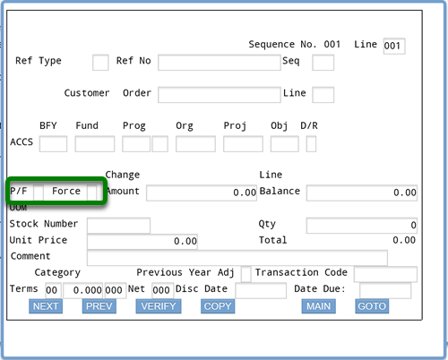 Screenshot of ifmis obligation accs screen with rectangle around blank P/F and force fields