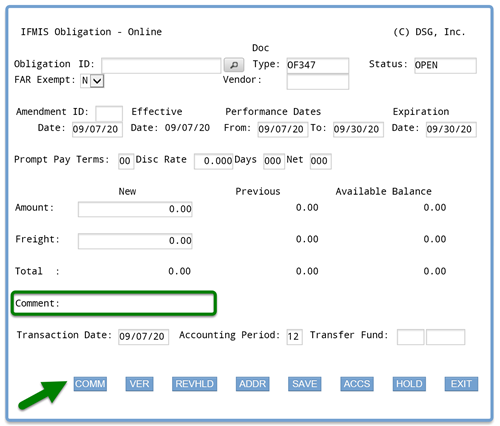 screenshot of ifmis obligation main screen with comment field outlined with a square shape and an arrow pointing to the COMM button