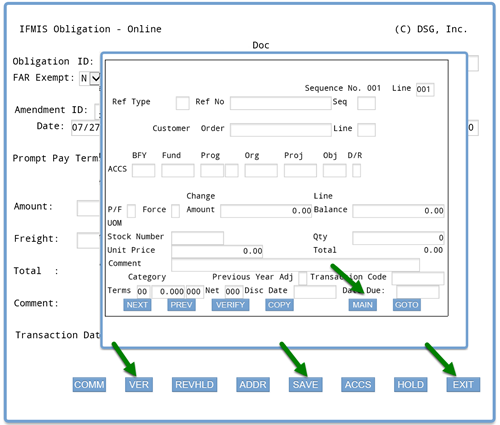 Screenshot of ifmis obligation screen with accs screen overlayed; arrow points to MAIN button at bottom of accs screen to return to main screen; arrows point to VER, SAVE, and EXIT buttons on main screen to complete transaction