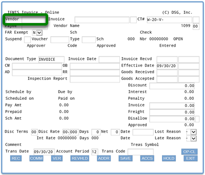 Screenshot of main invoice screen with a rectangle around the first field titled Vendor