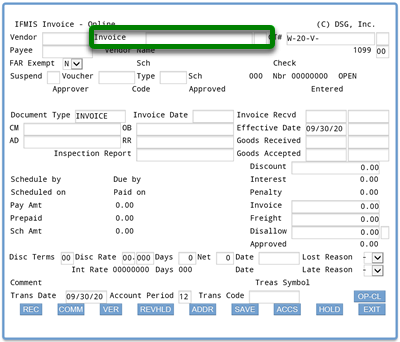 Screenshot of ifmis invoice main screen with rectangle around the invoice field