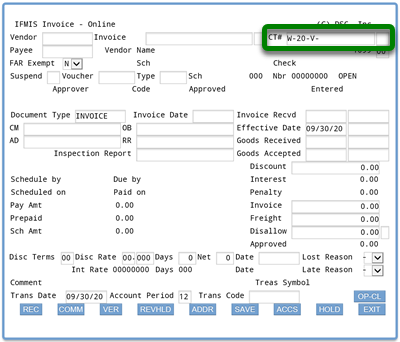 Screenshot of ifmis invoice main screen with rectangle around the CT# (control number) field; the default entry is the first portion of the control number (location code, fiscal year, and V for vendor) with the sequentially assigned number to be generated by the system