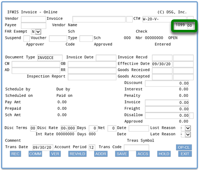 Screenshot of ifmis invoice main screen with rectangle around 1099 field; default entry 00 shown