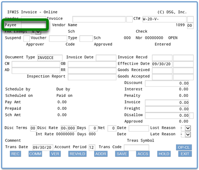 Screenshot of ifmis invoice main screen with rectangle around payee field