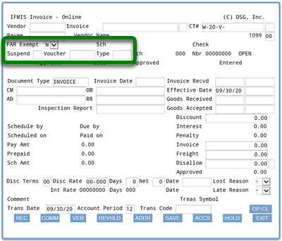 Screenshot of ifmis invoice main screen with rectangle around FAR exempt, Suspend, Voucher, and Sch type fields; FAR exempt field contains default N entry