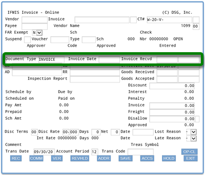 Screenshot of ifmis invoice main screen with rectangle around document type, invoice date, and invoice recvd fields; default entry for document type is invoice