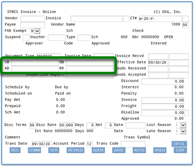 Screenshot of ifmis invoice main screen with rectangle around CM, OB, AD, RR fields