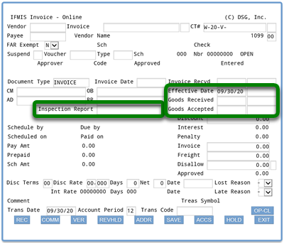 Screenshot of ifmis invoice main screen with rectangle around effective date, goods received, and goods accepted fields, which contain two entries each, and rectangle around inspection report field; the first entry for effective date shows 09/30/20