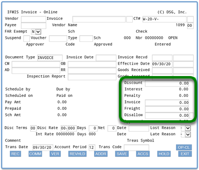 Screenshot of ifmis invoice main screen with rectangle around discount, interest, penalty, invoice, freight, and disallow fields; interest and penalty fields will be system-generated as there is no entry box