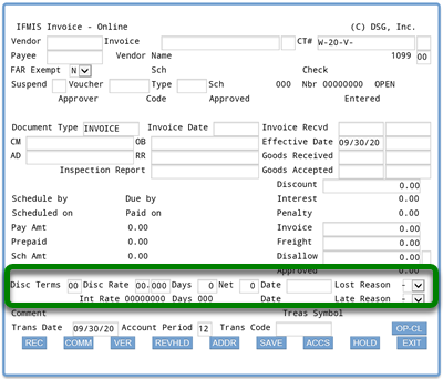 Screenshot of ifmis invoice main screen with rectangle around disc terms, disc rate, days, net, date, and lost reason fields on the first line and Int Rate, Days, Date, and late reason fields on the second line; the second line only contains an entry box for late reason field