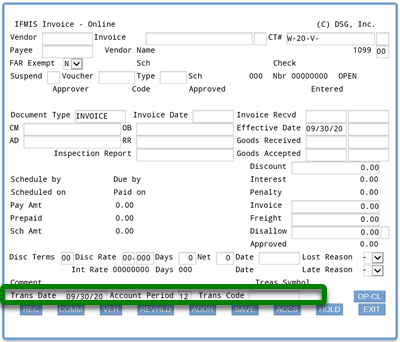 Screenshot of ifmis invoice main screen with rectangle around trans date, account period, and trans code fields; IFMIS generates these fields