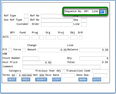 Screenshot of ifmis invoice accs screen with rectangle around sequence no. and line fields